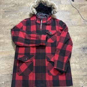 Aeropostale  Women's Red Plaid Wool Blend Coat Hood Faux Fur Trim Size M Y2K
